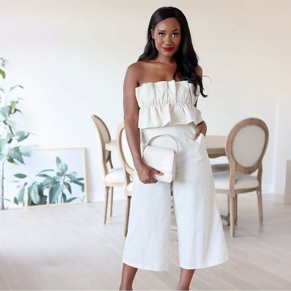 Aura Ruffle Crop Top Jumpsuit Ivory Size Small - Picture 1 of 7